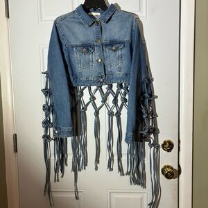 Medium Wash Back Fishnet Hollowed Out Tassel Design Jacket